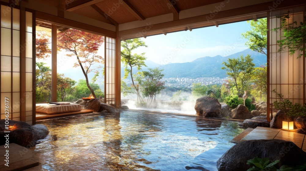 A relaxing spa scene at an onsen resort, with a view of a person enjoying a massage in an open-air pavilion before soaking in the nearby hot spring.