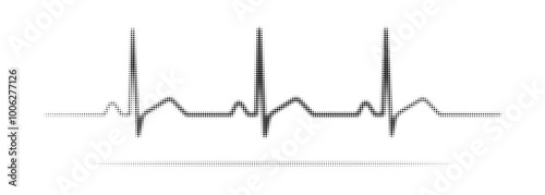 Halftone dotted heartbeat pulse, rhythm, Electrocardiogram, ECG, and EKG seamless signal line pattern isolated on a white background with editable stroke. Abstract retro, grunge vector illustration