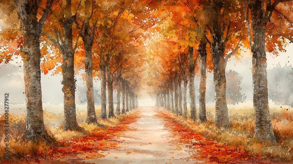 Naklejka premium Autumn Pathway through Colorful Forest Trees with Scenic Foliage