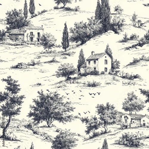 Elegant Toile de Jouy Inspired Seamless Pattern Design