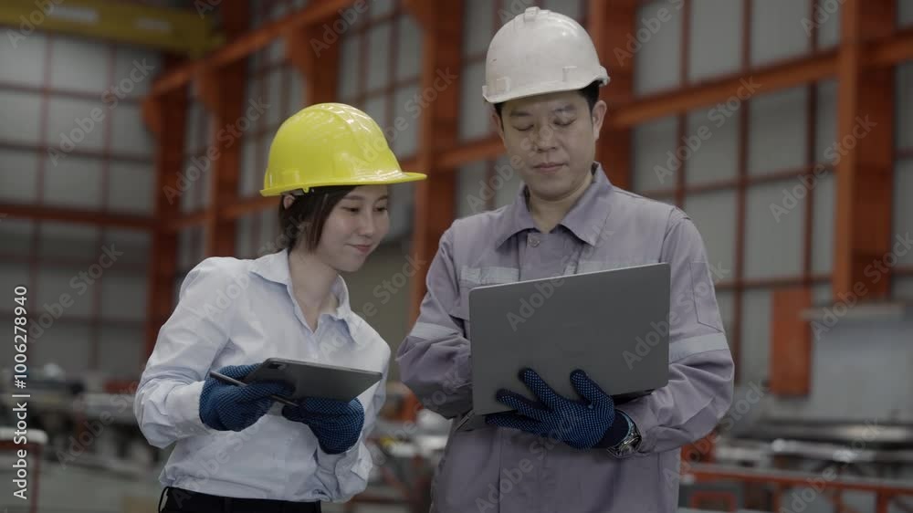 Male and female professional chief engineers holding laptops stand in the factory talking and discussing industrial work processes.