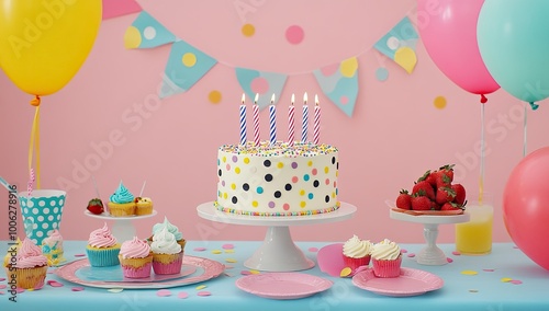 A vibrant and colorful birthday party setting with balloons, confetti, cake, decorations. Created with Ai