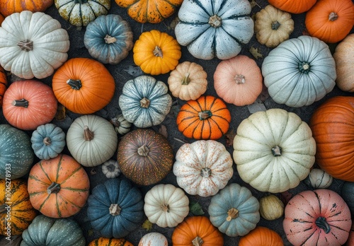 A colorful array of pumpkins, some small and round with bright colors like orange or teal. Created with Ai