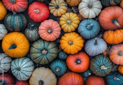 A colorful display of pumpkins in various sizes and colors, arranged to create an eye-catching pattern. Created with Ai