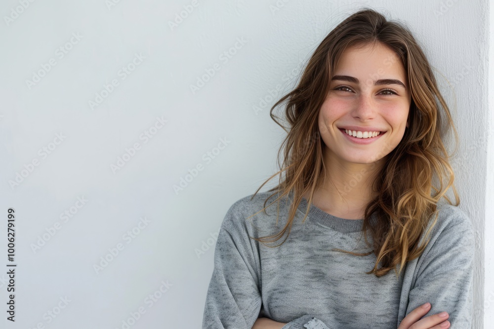 Portrait of a young woman with a genuine smile and arms folded, against a white background , background blur Portrait of a young woman with a genuine smile and arms folded, against a white background , background blur