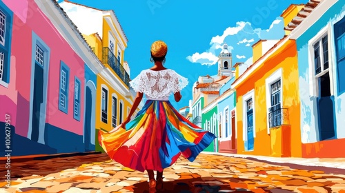 Colorful Minimalist Illustration of Salvador’s Pelourinho with Dancing Baiana


