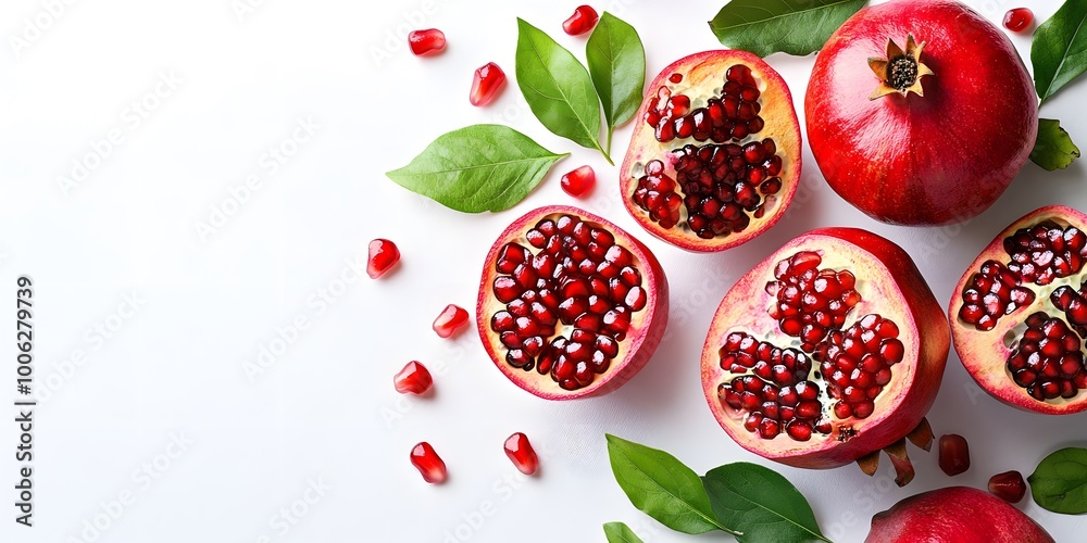 Vibrant composition of whole and cut pomegranates, alongside ruby-red seeds and fresh green leaves, styled minimally against a white background for a crisp, high-key presentation. Vibrant composition of whole and cut pomegranates, alongside ruby-red seeds and fresh green leaves, styled minimally against a white background for a crisp, high-key presentation.