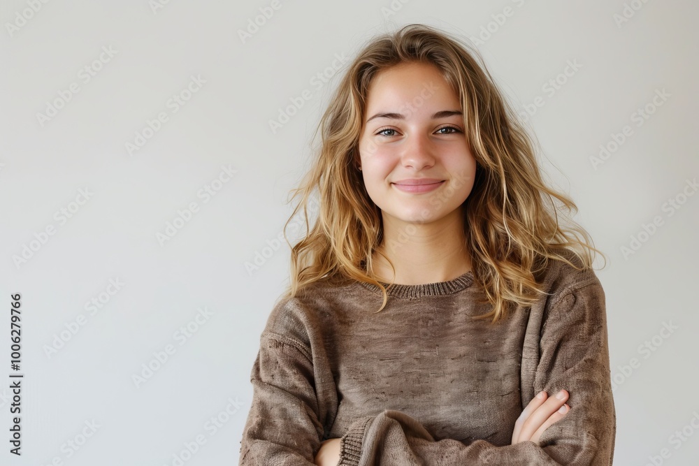 Portrait of a young woman with a genuine smile and arms folded, against a white background , background blur Portrait of a young woman with a genuine smile and arms folded, against a white background , background blur