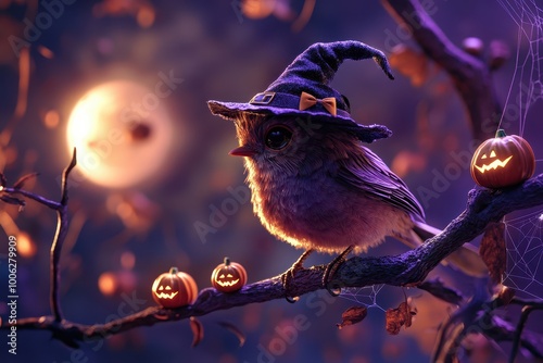 Bird wearing witch hat perched on a branch with Halloween pumpkins