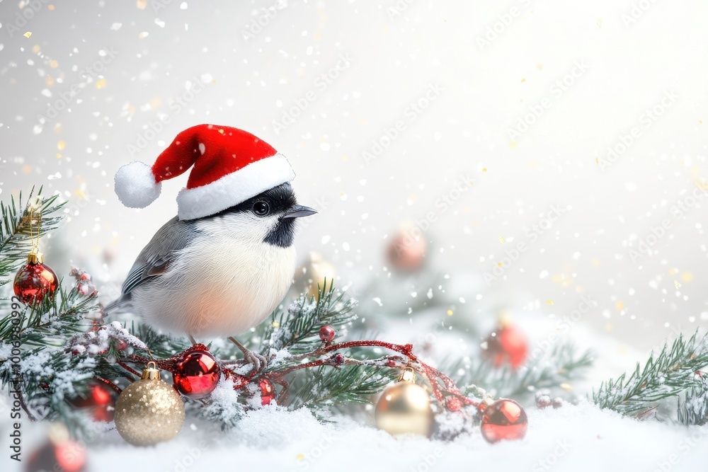 Obraz premium Bird wearing a Santa Claus hat perched on the branch of a Christmas tree
