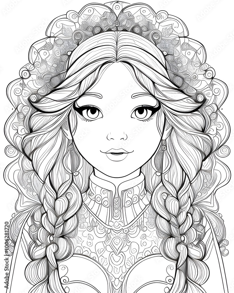 Beautiful girl with long wavy hair. Vector illustration for adult coloring book page. Beautiful girl with long wavy hair. Vector illustration for adult coloring book page.
