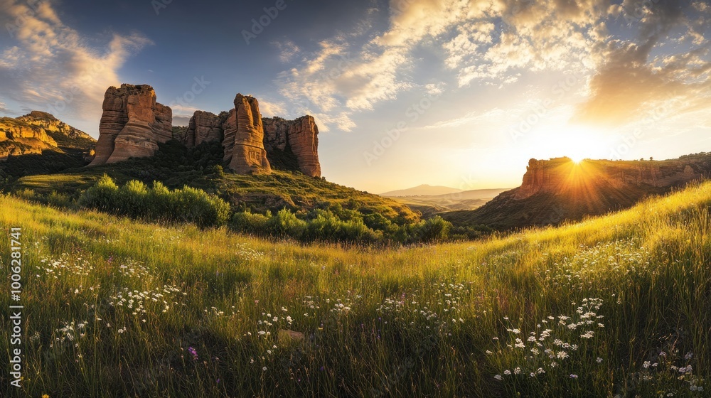 Fototapeta premium Golden Sunset Over Mountainous Landscape