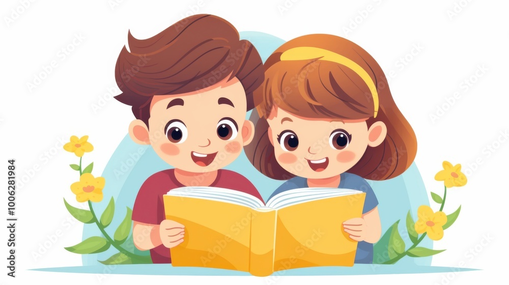 A charming flat vector illustration of a brother and sister happily reading a book together, surrounded by flowers. A charming flat vector illustration of a brother and sister happily reading a book together, surrounded by flowers.