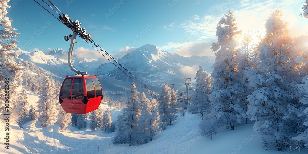Winter ski resort scene featuring a cable car gondola against a snowy mountain backdrop, crisp blue sky, and sunlight reflection creating a scenic winter wonderland atmosphere. Winter ski resort scene featuring a cable car gondola against a snowy mountain backdrop, crisp blue sky, and sunlight reflection creating a scenic winter wonderland atmosphere.