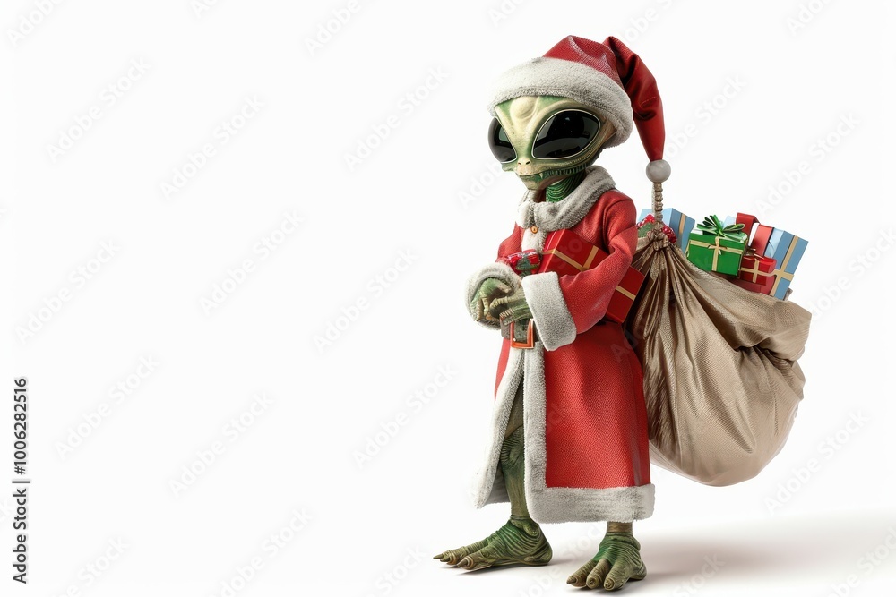 Alien in Santa Claus costume and gift boxes Alien in Santa Claus costume and gift boxes