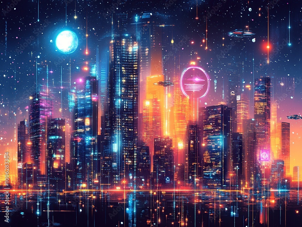 Fototapeta premium An isometric illustration of a sprawling futuristic city skyline at night.
