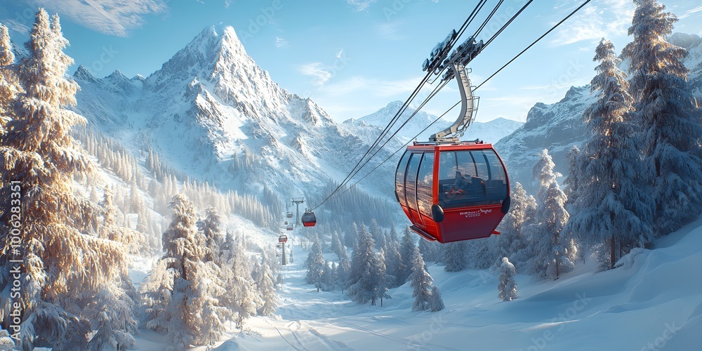 Winter ski resort scene featuring a cable car gondola against a snowy mountain backdrop, crisp blue sky, and sunlight reflection creating a scenic winter wonderland atmosphere. Winter ski resort scene featuring a cable car gondola against a snowy mountain backdrop, crisp blue sky, and sunlight reflection creating a scenic winter wonderland atmosphere.