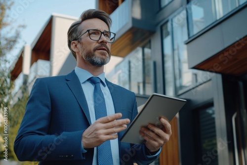 Businessman in suit holding tablet outdoors in urban setting