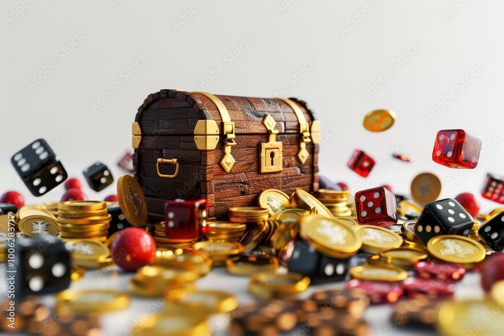 Fototapeta premium Treasure chest among coins and dice