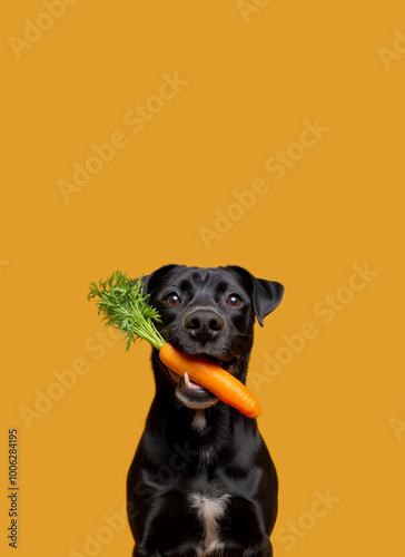 Dog holding carrot in his teeth photo