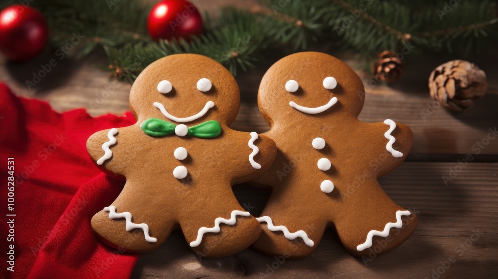 Two decorated gingerbread cookies lie side by side, exuding festive warmth amid a holiday backdrop. Two decorated gingerbread cookies lie side by side, exuding festive warmth amid a holiday backdrop.