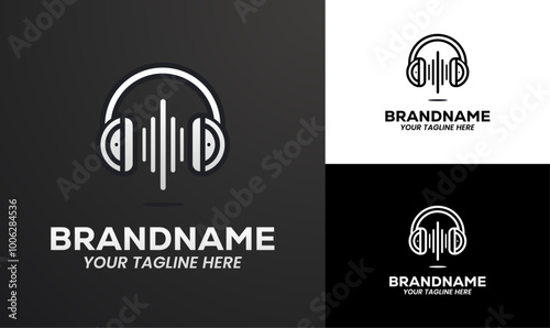 Minimalist Headphones with Sound Wave Logo Design Template