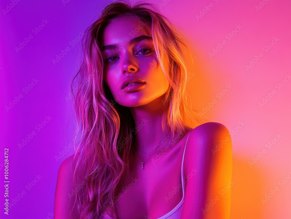 Young woman posing in vibrant purple and orange lighting at night Young woman posing in vibrant purple and orange lighting at night