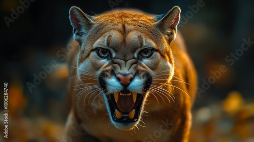 Beautiful big puma on dark background. Wildlife scene. Angry big cat. Angry lynx with open mouth.