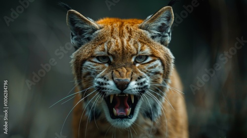 Beautiful big puma on dark background. Wildlife scene. Angry big cat. Angry lynx with open mouth.