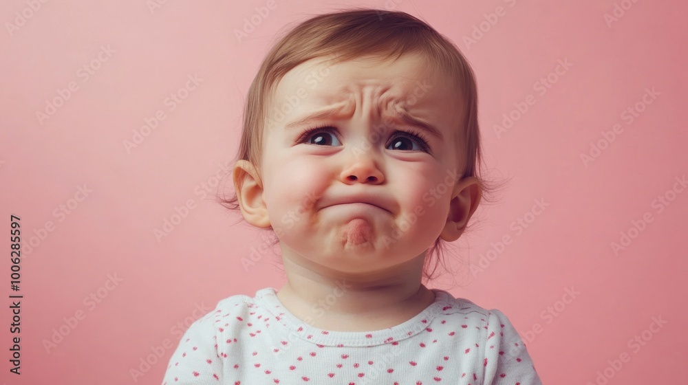Baby making a sad expression against a pink background Baby making a sad expression against a pink background