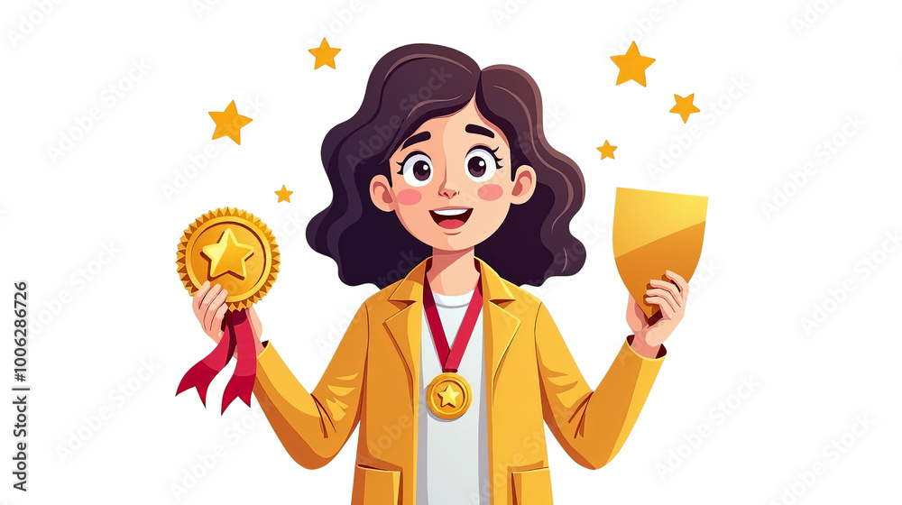 Celebrating Success Young Girl Holding Trophy Achievement Award isolated Celebrating Success Young Girl Holding Trophy Achievement Award isolated