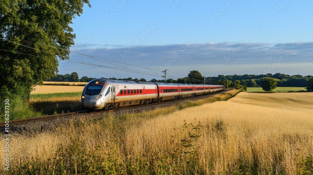 Fototapeta premium A side view of an electric train passing through a scenic countryside, showcasing the contrast between modern technology and natural beauty, with fields and trees in the background.