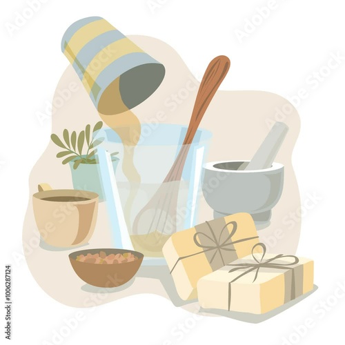 Animation of various glasses and bowls in which soap is stirred together