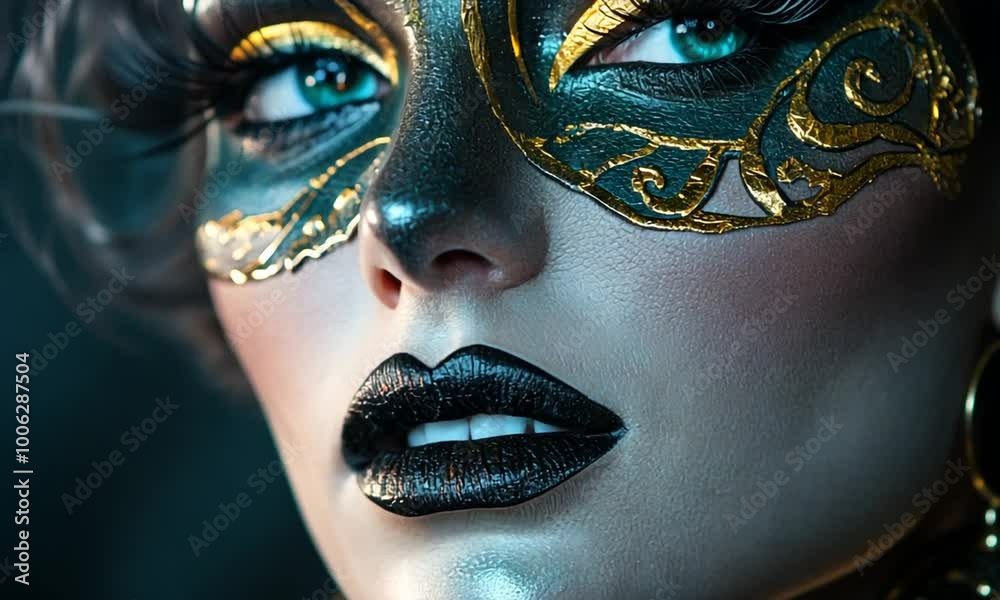 Mysterious Gaze: A Close-Up Portrait of a Woman in a Golden Mask Mysterious Gaze: A Close-Up Portrait of a Woman in a Golden Mask