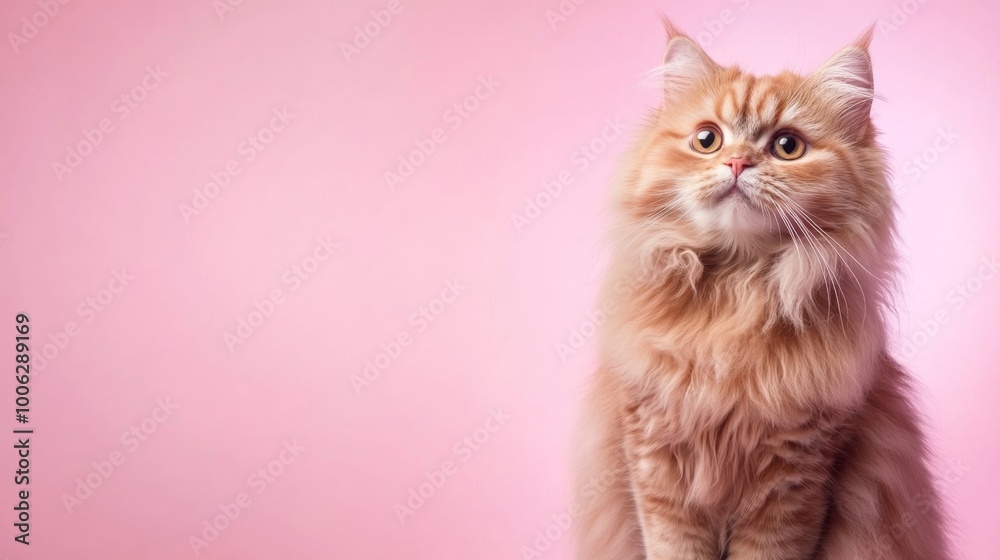 Fototapeta premium A fluffy cat sits attentively, looking directly at the camera with a curious expression. The background features a soft pastel hue, enhancing the cat's fluffy fur