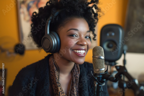 African American woman hosting a podcast from her home studio, Female DJ, Sound Engineer, Audio Mixer, Radio Host