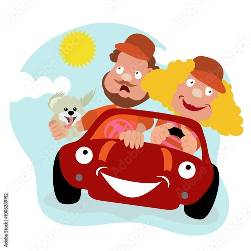 Animation of a happy couple in a small car taking their dog for a ride in their small car and driving too fast