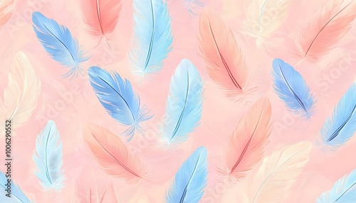 A pattern of vibrant pastel colored feathers