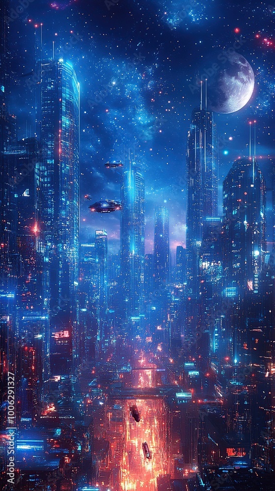 Obraz premium An isometric illustration of a sprawling futuristic city skyline at night.