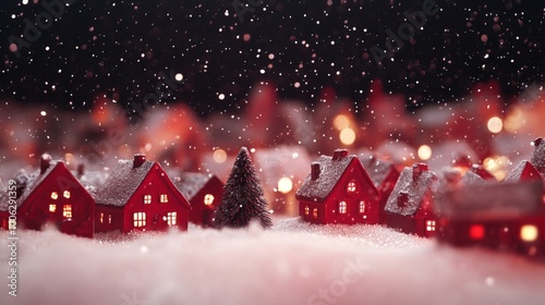 A picturesque winter scene featuring red houses with glowing windows, covered in snow under gently falling snowflakes against a dark backdrop.