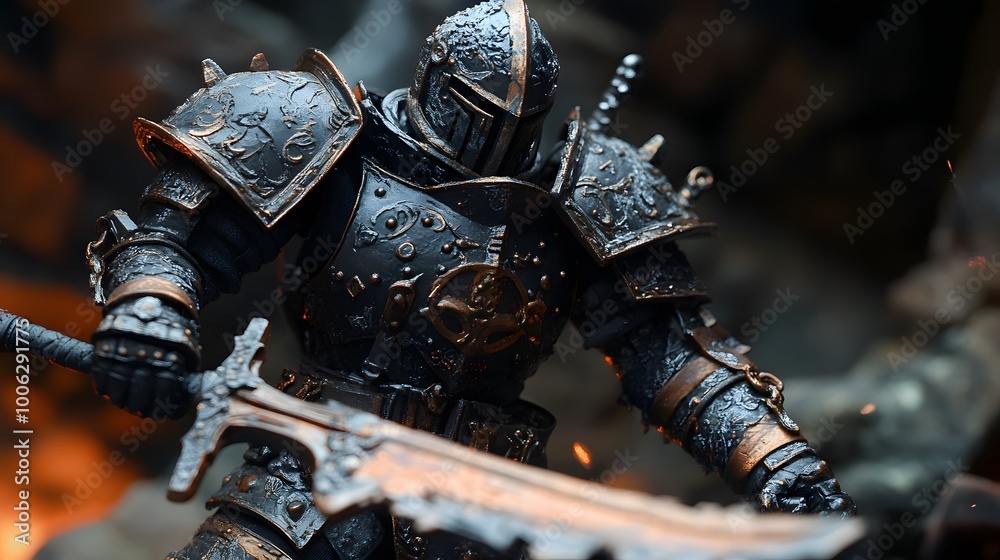 Fototapeta premium Game figure with removable weapons and detailed armor in action pose