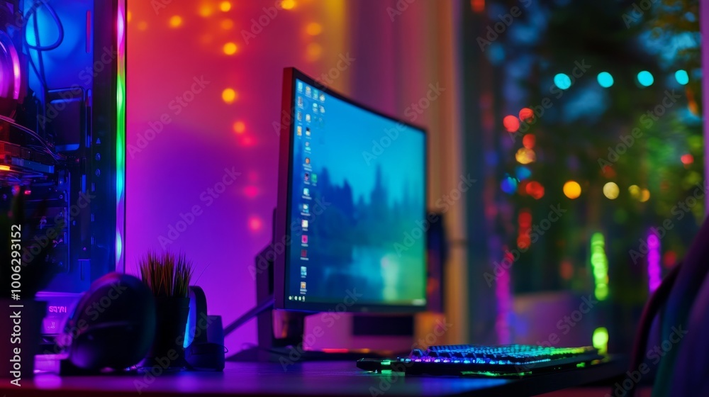 Gaming setup with multi-colored sRGB lights reflecting softly, in a room with a dimly lit clear window. Gaming setup with multi-colored sRGB lights reflecting softly, in a room with a dimly lit clear window.