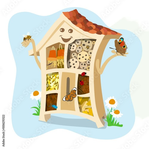 Animation of a fun and happy insect hotel with butterflies and beetles
