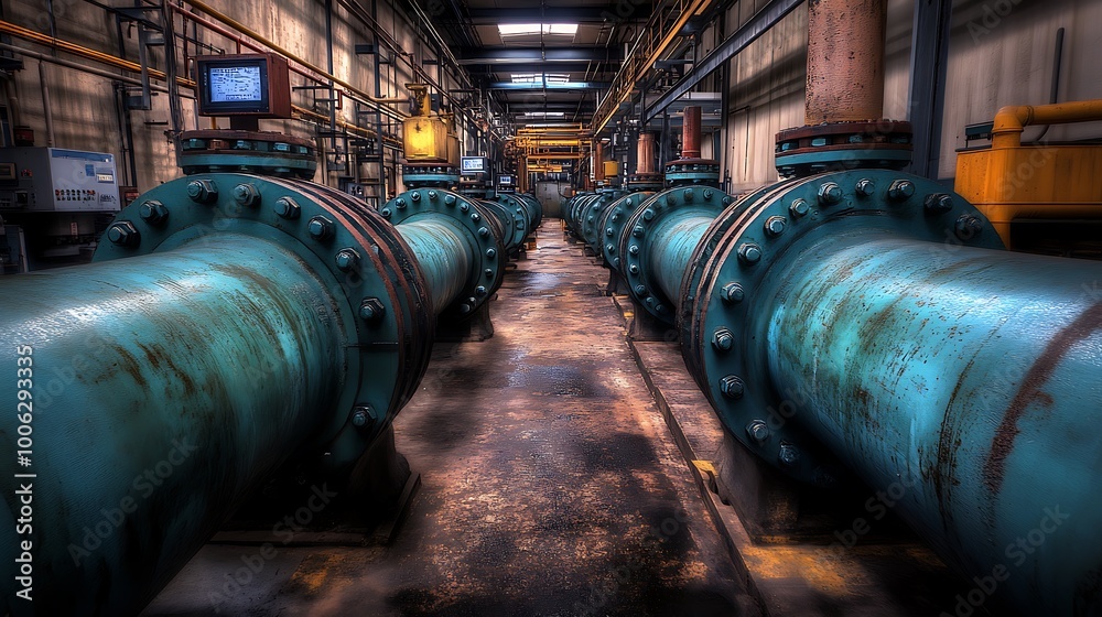 a network of large valves controlling the water supply in a factory. Multiple interconnected pipes create an organized system, with control panels for pressure management. a network of large valves controlling the water supply in a factory. Multiple interconnected pipes create an organized system, with control panels for pressure management.