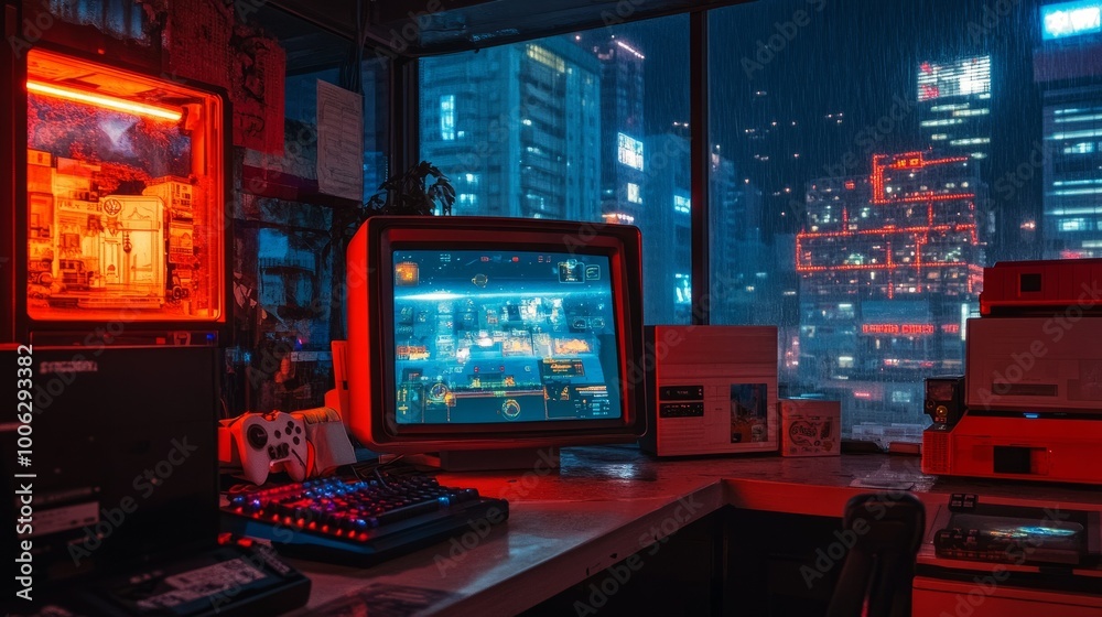 Multi-colored sRGB lighting at a game station, with a dim clear window showing an urban nightscape. Multi-colored sRGB lighting at a game station, with a dim clear window showing an urban nightscape.