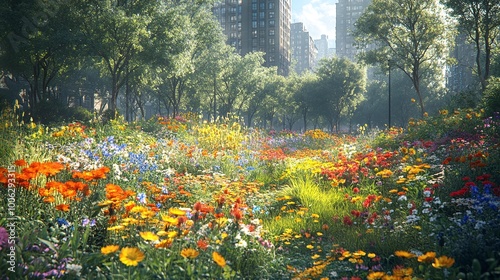 lush city nature and green space featuring wildflowers and foliage, promoting biodiversity and sustainability within an urban concrete jungle