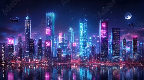 An isometric illustration of a sprawling futuristic city skyline at night.