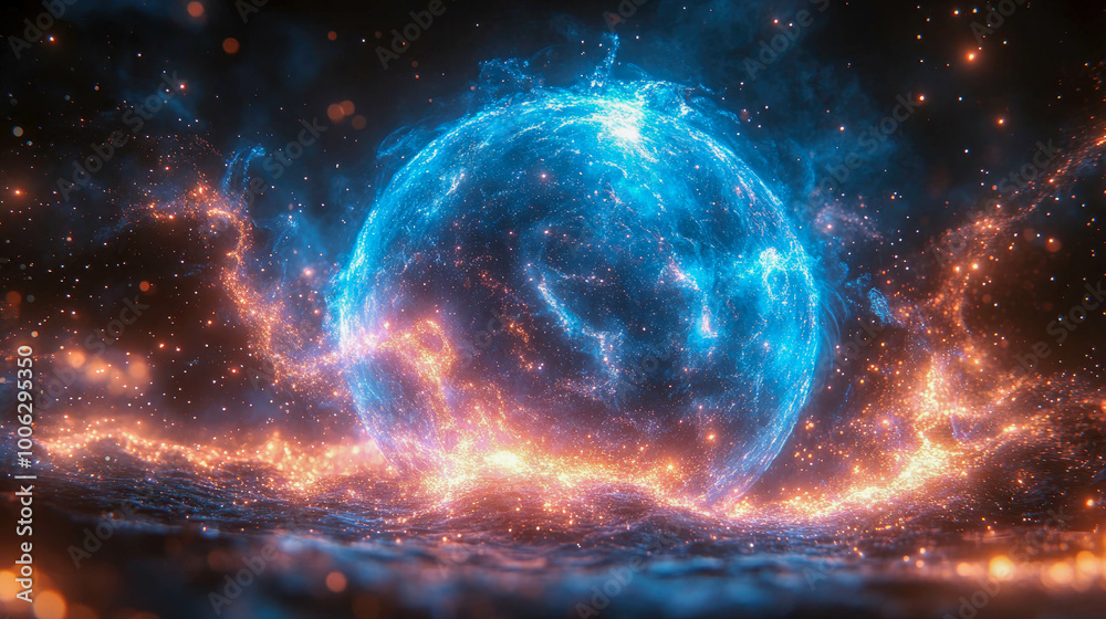 Obraz premium A vibrant sphere glowing with blue and orange energy, surrounded by dynamic sparks and embers