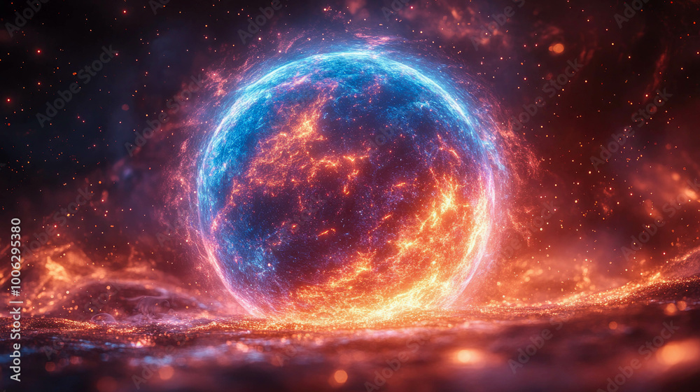 A luminous, pink and purple energy sphere floating amidst glowing nebula-like streams A luminous, pink and purple energy sphere floating amidst glowing nebula-like streams