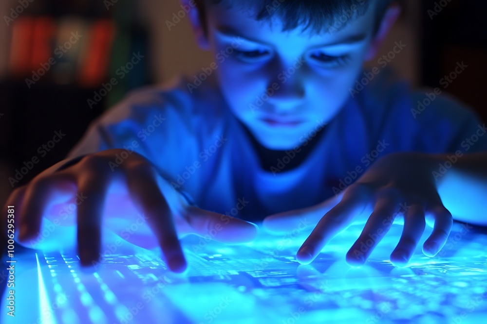 A Child's Hand Interacting with a Glowing Blue Touchscreen Device A Child's Hand Interacting with a Glowing Blue Touchscreen Device